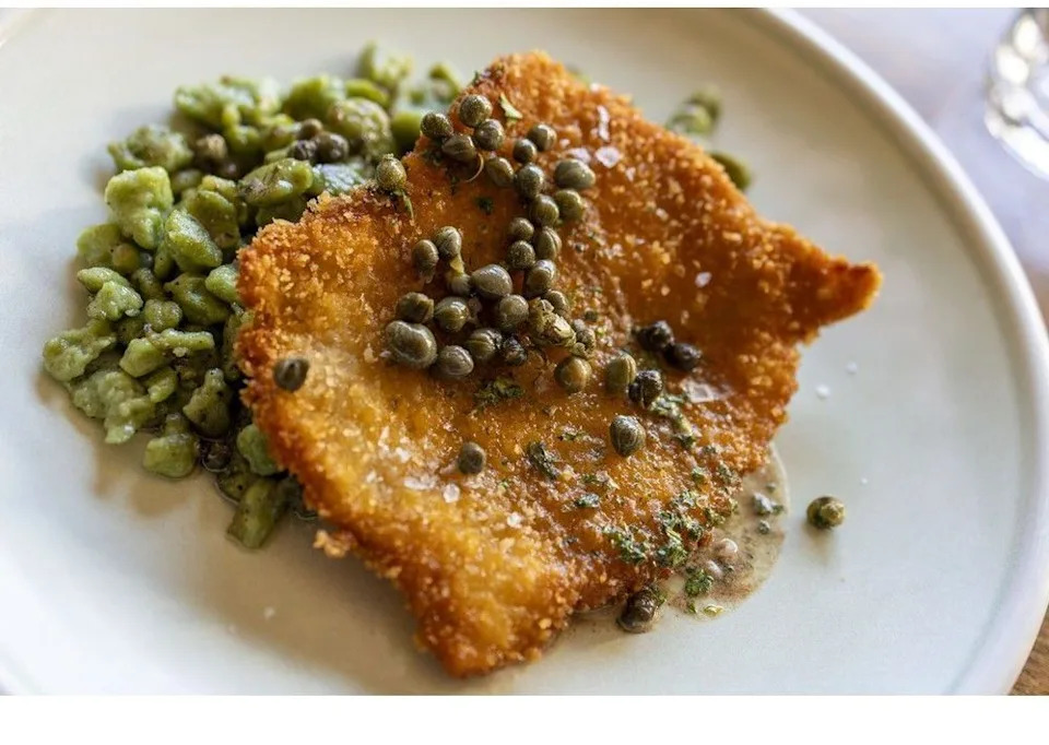Pork schnitzel with spinach spätzle and brown butter caper sauce, Le Charme Calgary