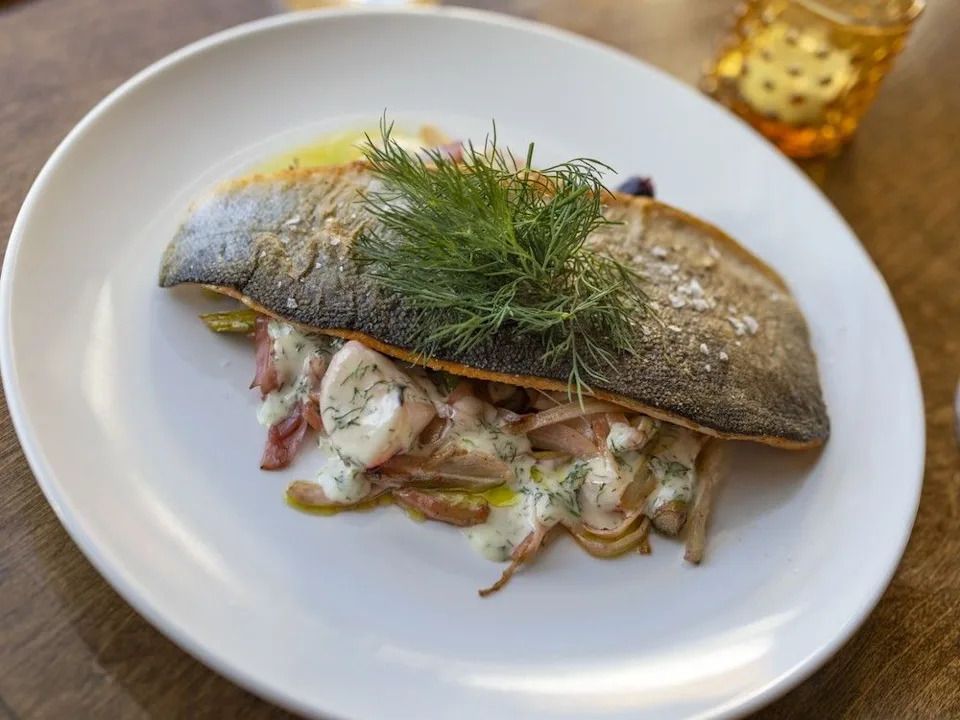 Seasonal Alberta rainbow trout with fresh vegetables — Le Charme chef's bistro menu, Calgary